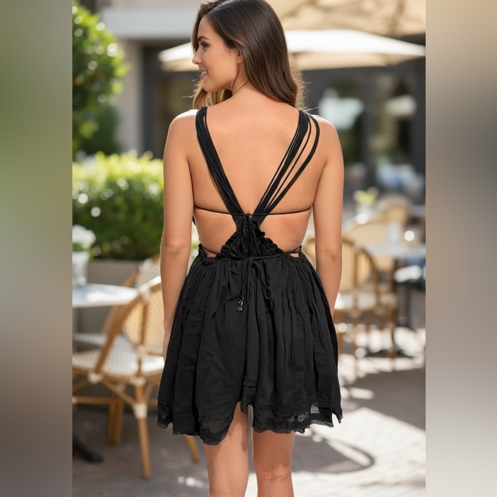 Free People Macrame Halter Black Mini Dress M - Picture 2 of 8